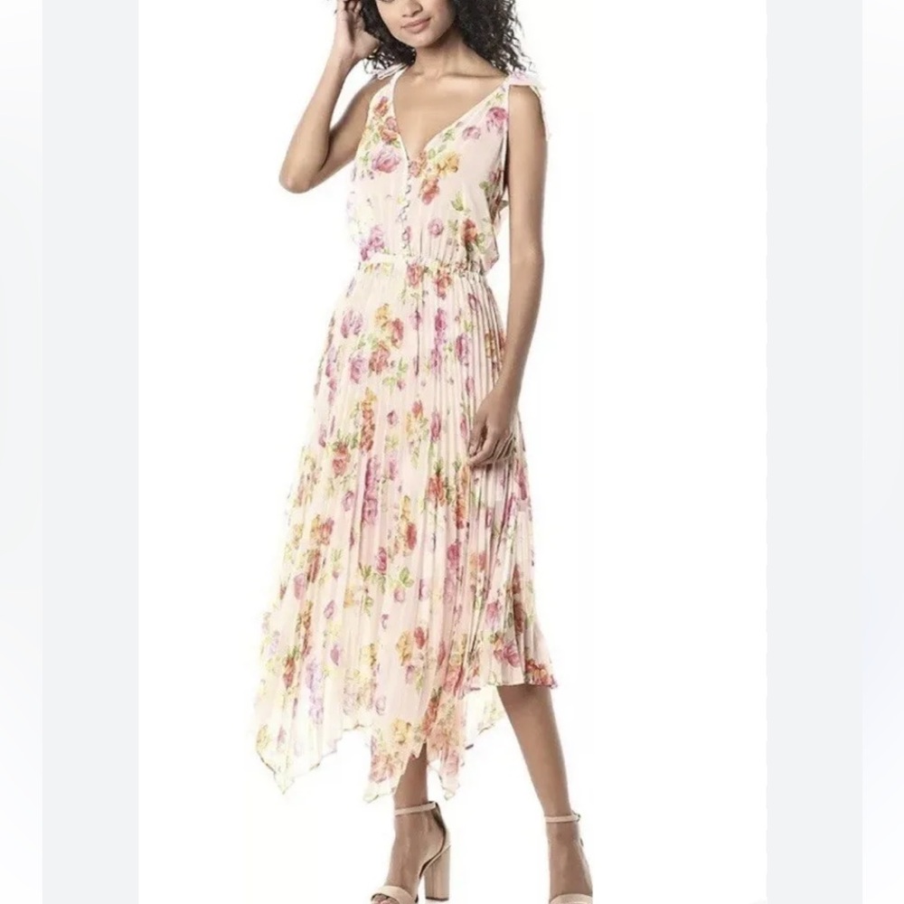 The Kooples Paris Pleated Floral Midi Asymmetric Hem Dress Pink Size 1 S